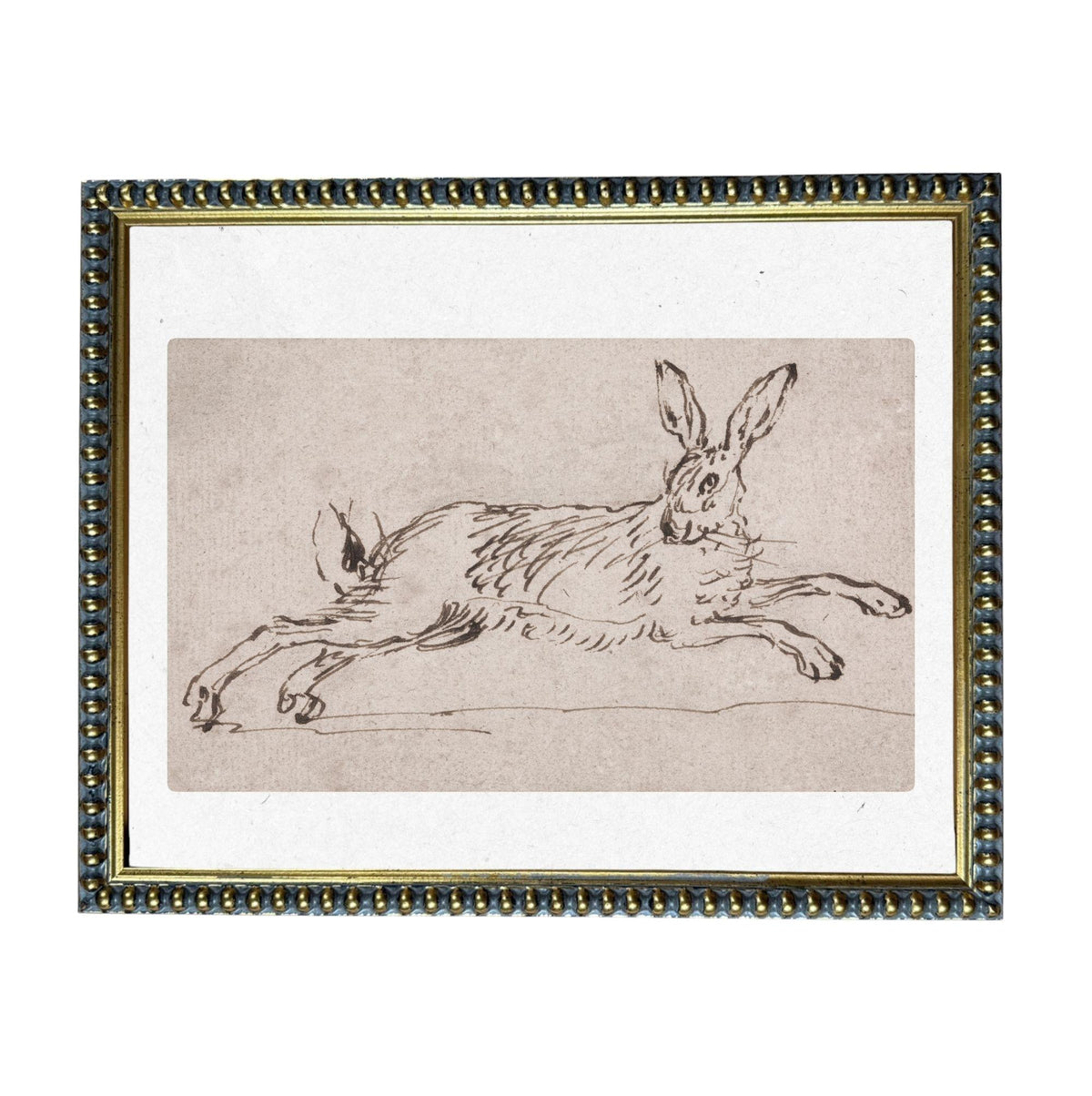 A framed drawing of a hare in mid-stride, depicted in a sketch-like style.