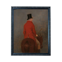 A man wearing a red coat and top hat is riding a brown horse.