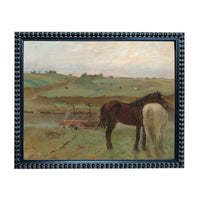 The image is a painting depicting a serene rural landscape with a brown horse and a white horse standing in a grassy field. In the background, there are buildings and a river, creating a picturesque scene.