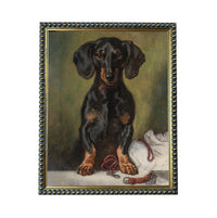 A painting of a dachshund dog sitting on a white surface, with a red leash and a white cloth nearby.