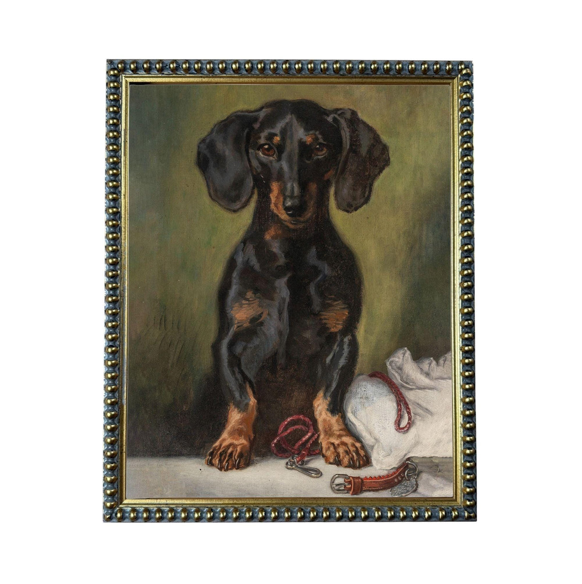 A painting of a dachshund dog sitting on a white surface, with a red leash and a white cloth nearby.