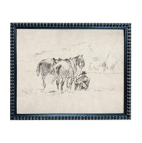 A black and white sketch of a horse and a person in a field.