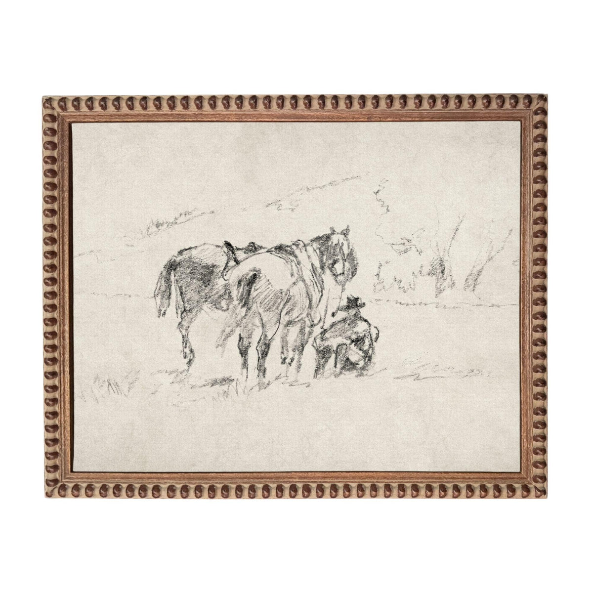 A black and white sketch of a horse and a person in a field.