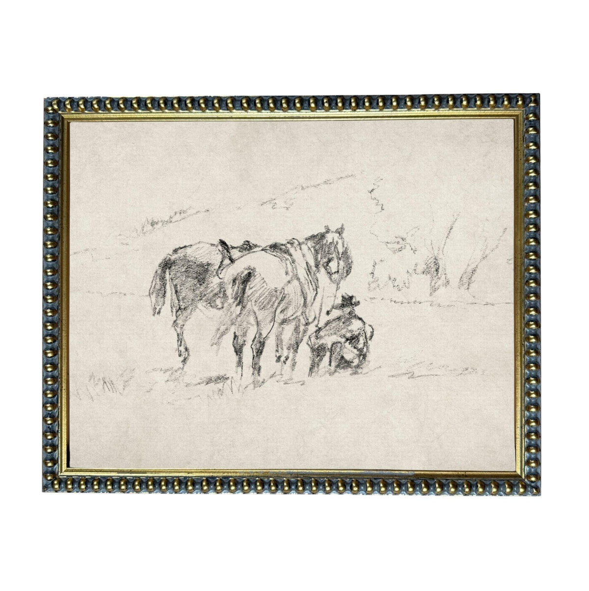 A black and white sketch of a horse and a person in a field.