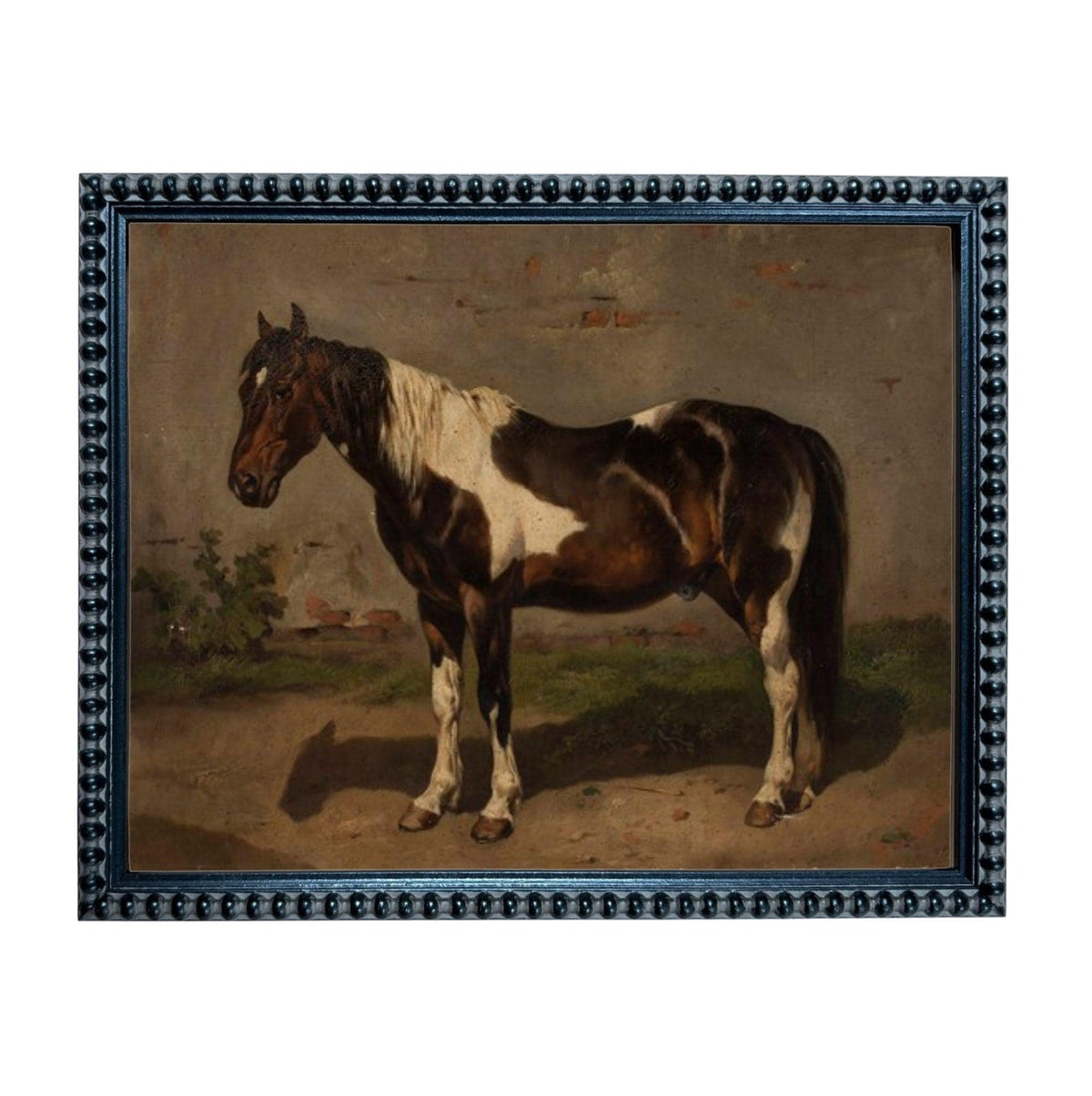 A painting of a brown and white horse standing in a field.