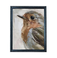 The image is a painting of a bird, specifically a robin, with a detailed and realistic depiction of its features, including its beak, feathers, and overall appearance.