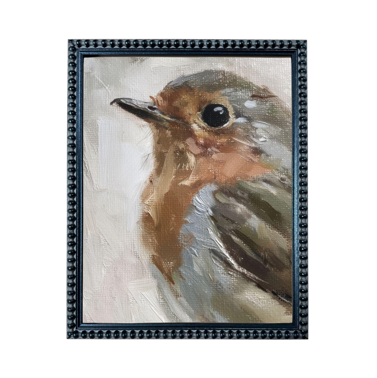 The image is a painting of a bird, specifically a robin, with a detailed and realistic depiction of its features, including its beak, feathers, and overall appearance.