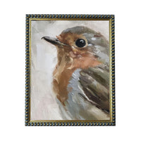 The image is a painting of a bird, specifically a robin, with a detailed and realistic depiction of its features, including its beak, feathers, and overall appearance.