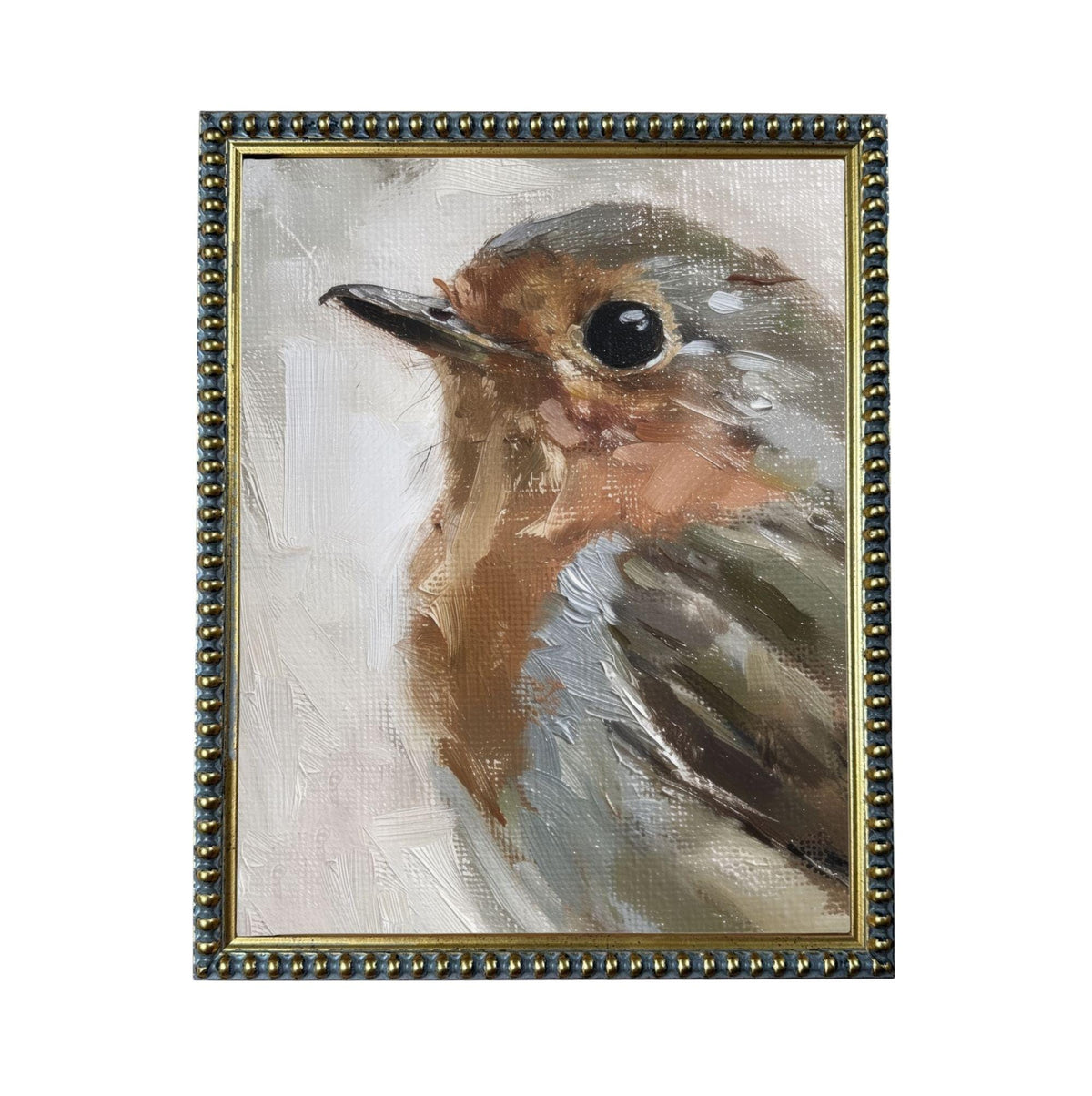 The image is a painting of a bird, specifically a robin, with a detailed and realistic depiction of its features, including its beak, feathers, and overall appearance.