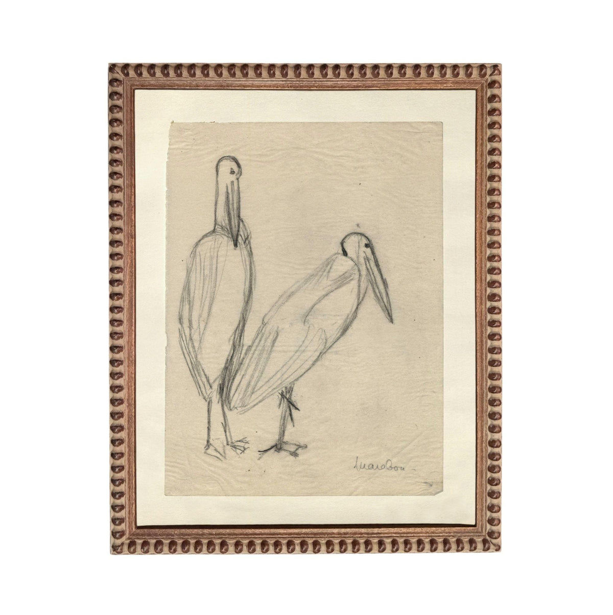 The image is a framed drawing of two birds, likely a sketch of a bird and a bird, in a simple and minimalistic style.