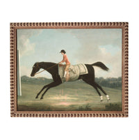 A painting of a person riding a horse in a field, with a clear blue sky in the background.