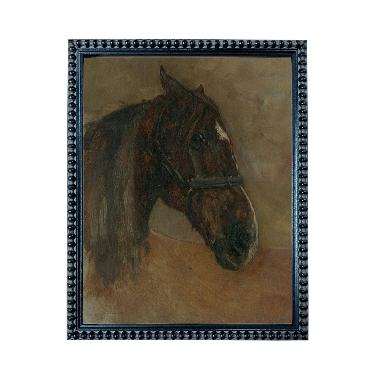 The image is a painting of a horse's head, with a dark brown color and a black frame.