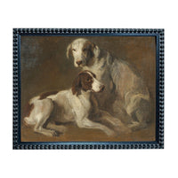 The image is a painting of two dogs, one white and one brown, sitting together in a relaxed manner.