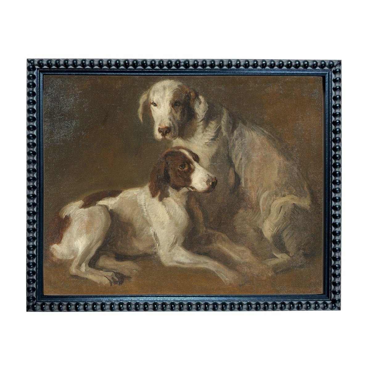 The image is a painting of two dogs, one white and one brown, sitting together in a relaxed manner.