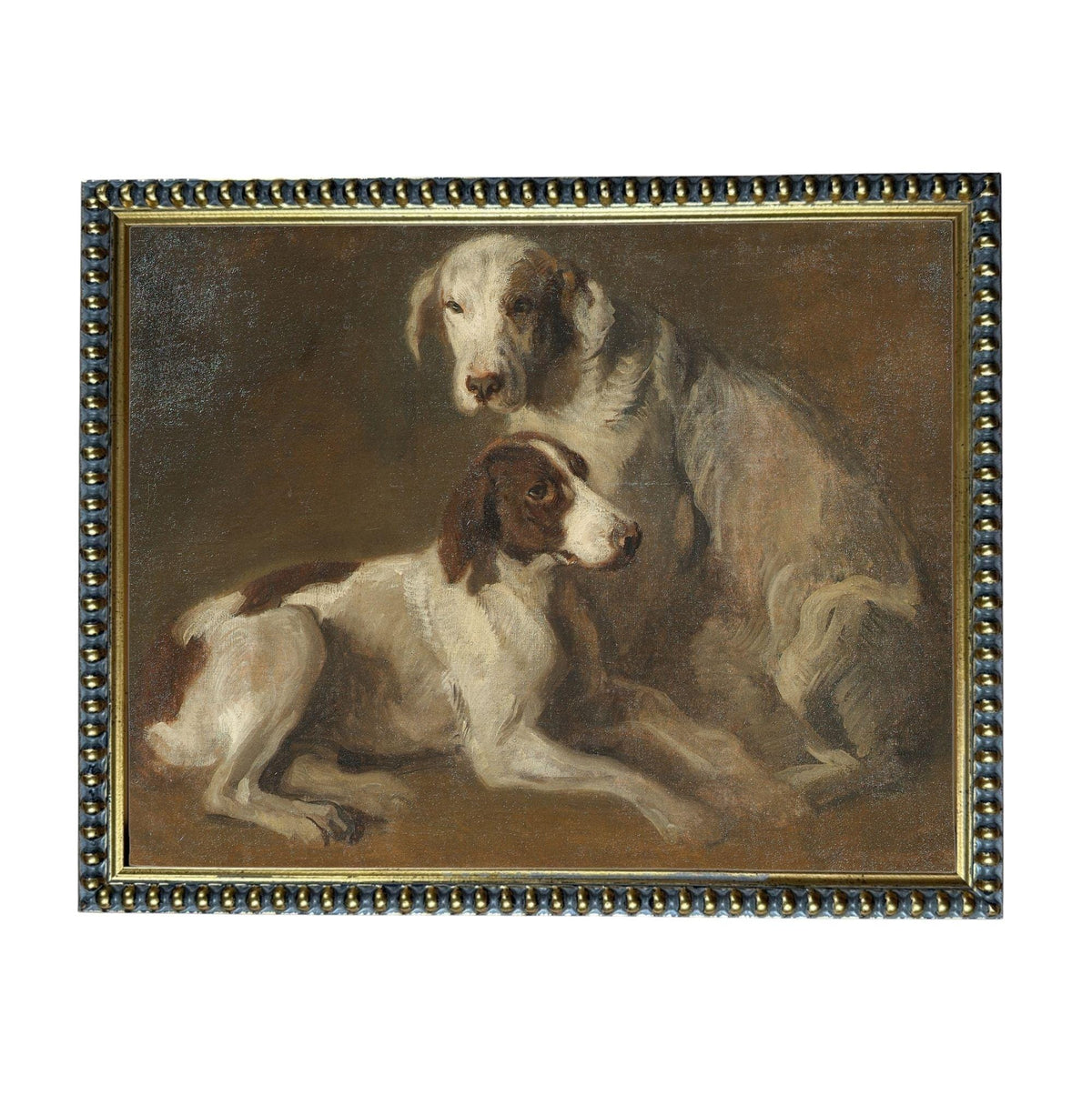 The image is a painting of two dogs, one white and one brown, sitting together in a frame.