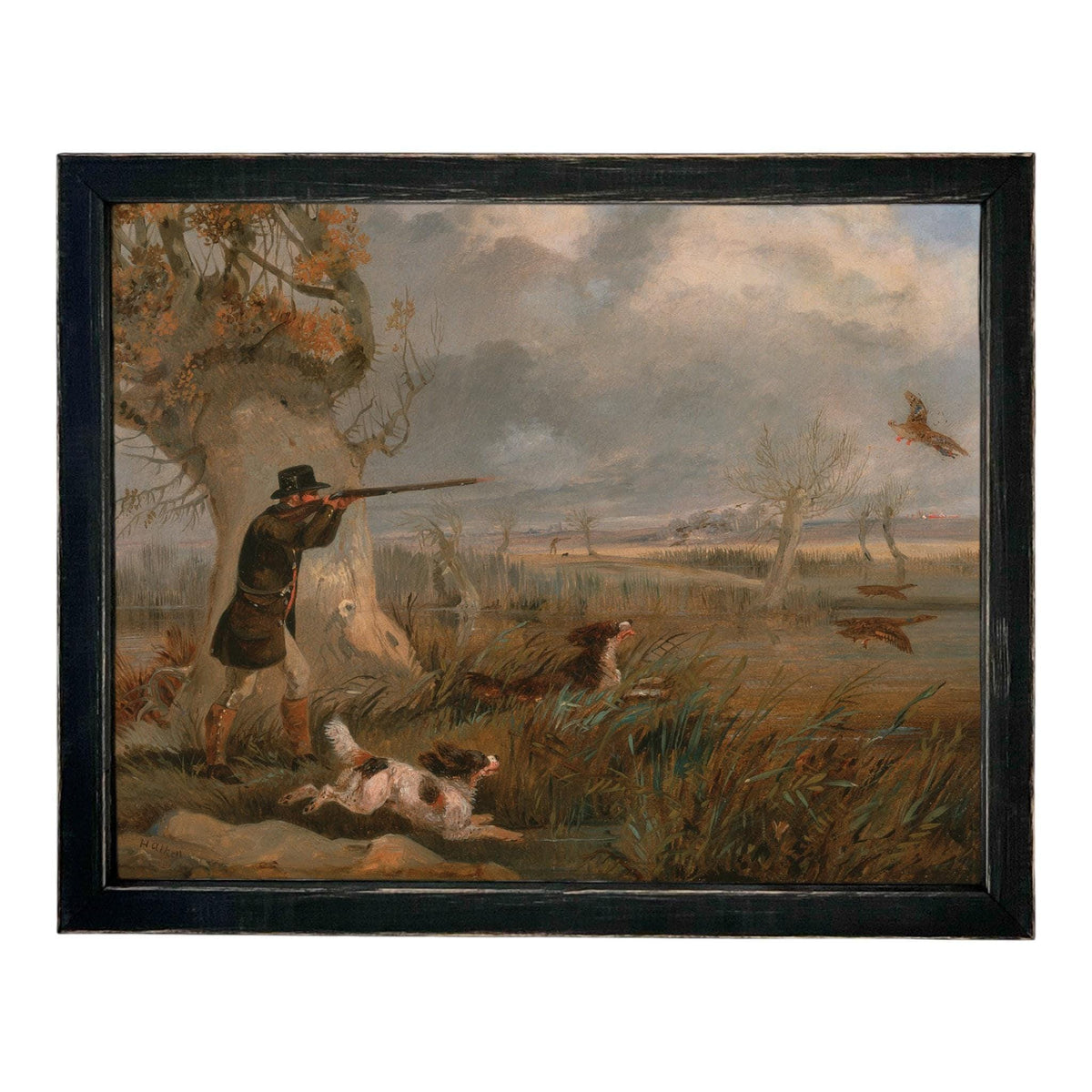 READY to SHIP 11X14 Vintage Landscape Print: Framed Canvas Antique Hunting Scene Art #A-198