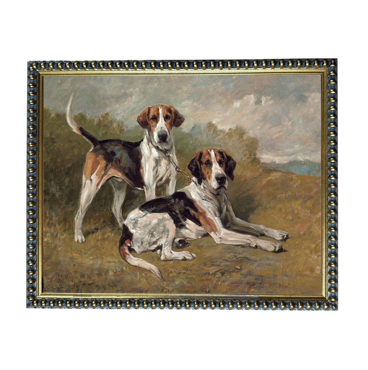 Two hound dogs, possibly beagles, are depicted in a painting. The painting is framed and has a decorative border.