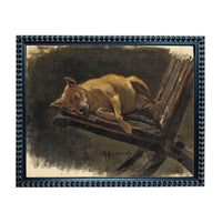 a dog resting on a wooden bench.