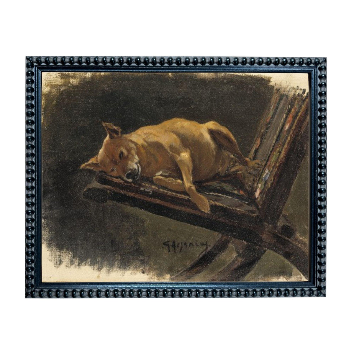 a dog resting on a wooden bench.