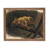 a brown dog resting on a wooden chair.