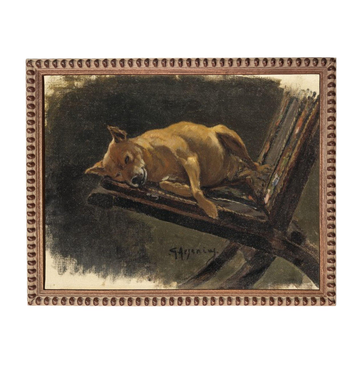 a brown dog resting on a wooden chair.