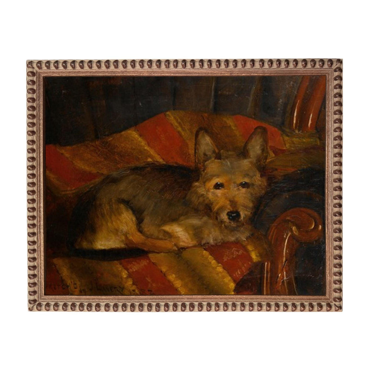 A painting of a dog resting on a colorful blanket, with a dark background.