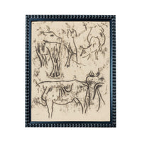 The image is a framed artwork featuring a sketch of various animals, including cows and horses, drawn in a simple, black and white style.