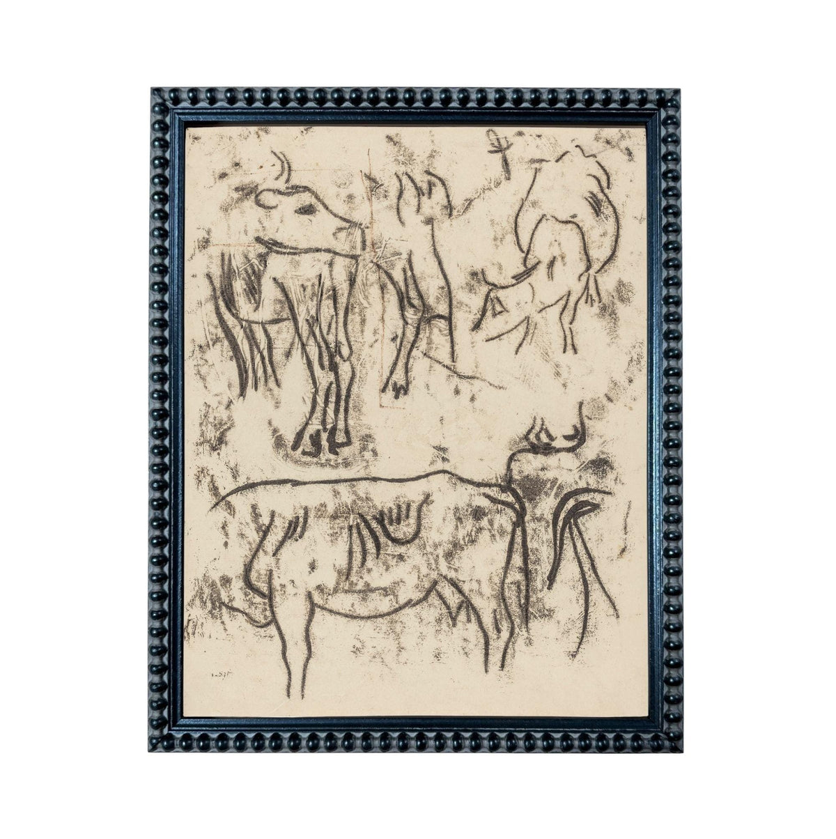 The image is a framed artwork featuring a sketch of various animals, including cows and horses, drawn in a simple, black and white style.