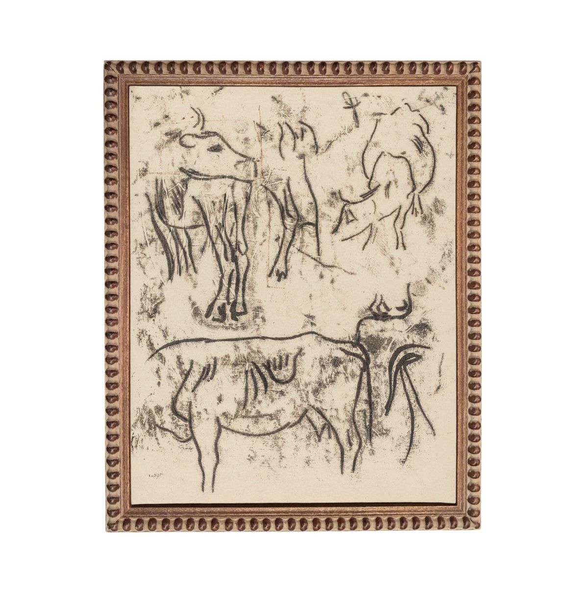 The image is a framed artwork featuring a collection of animal drawings, including cows, horses, and other animals.