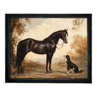Vintage Framed Canvas Print: Horse and Dog Equestrian Art #A-202
