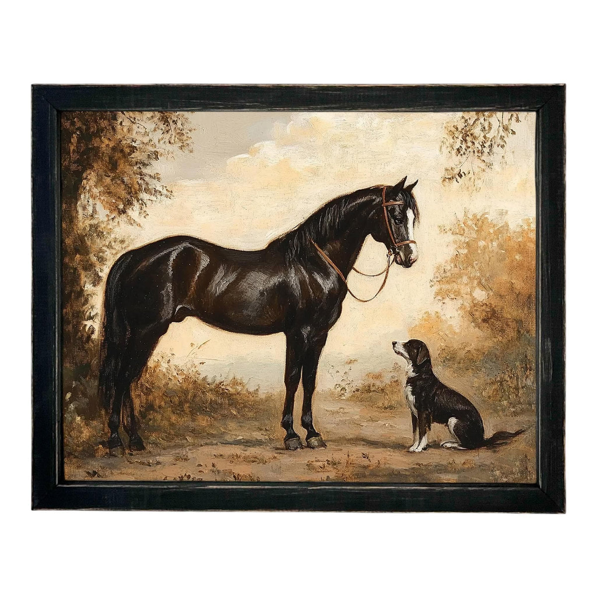Vintage Framed Canvas Print: Horse and Dog Equestrian Art #A-202