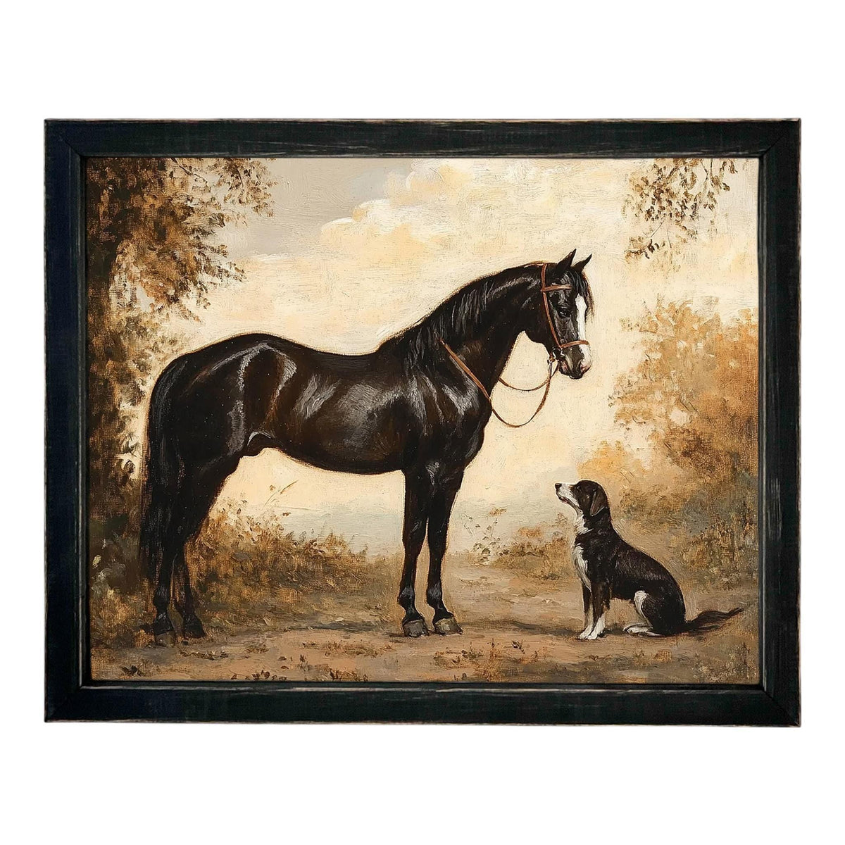 READY TO SHIP 24X36 Vintage Framed Canvas Print: Horse and Dog Equestrian Art #A-202