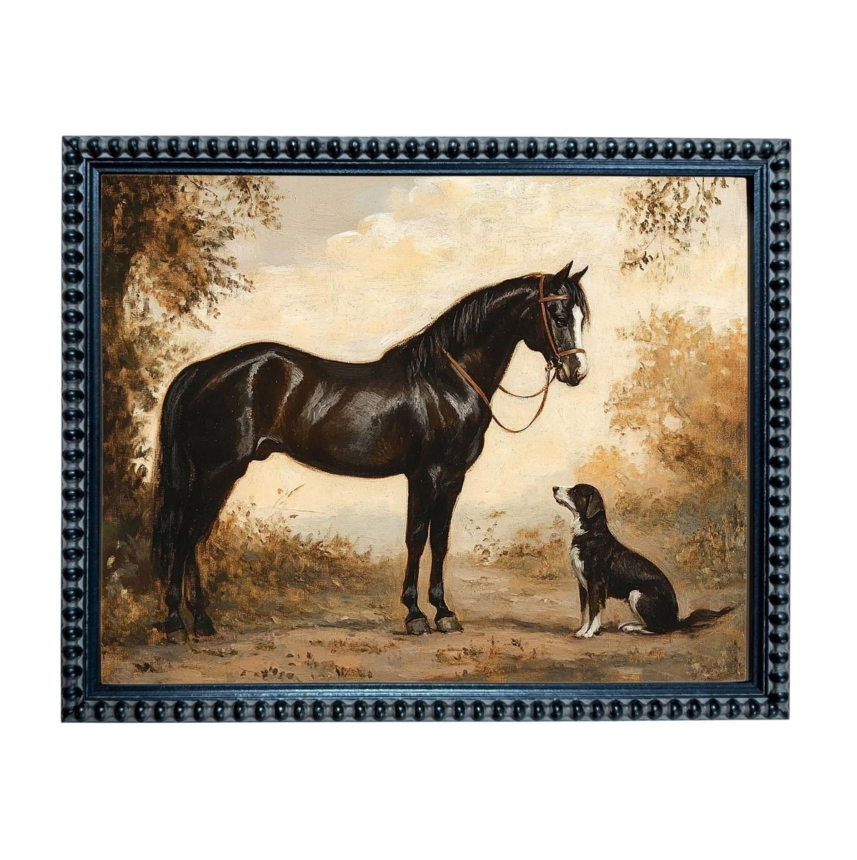 A painting of a horse and a dog standing together in a natural setting, with trees and a cloudy sky in the background.