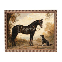 A painting of a black horse and a black and white dog standing together in a natural setting.