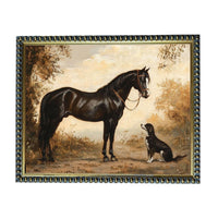A painting of a horse and a dog standing together in a natural setting, with trees and foliage in the background.