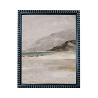 The image is a framed painting depicting a serene landscape with a body of water and mountains in the background.
