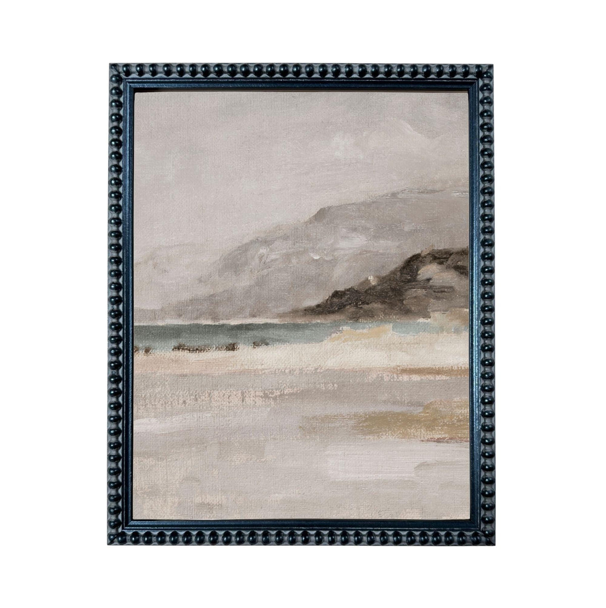 The image is a framed painting depicting a serene landscape with a body of water and mountains in the background.