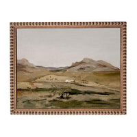 The image is a painting of a rural landscape with mountains in the background and a small village or farm in the foreground.