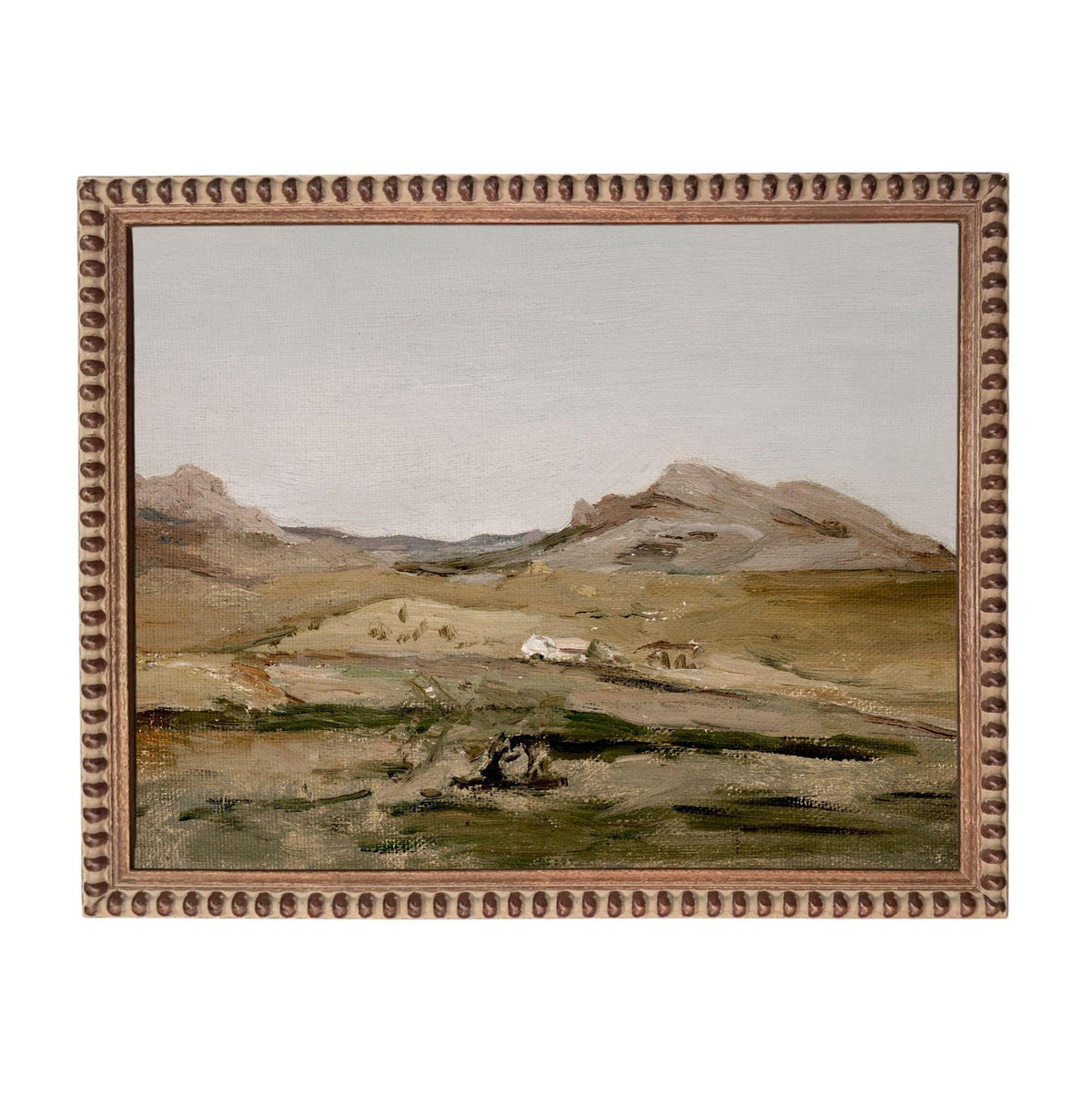The image is a painting of a rural landscape with mountains in the background and a small village or farm in the foreground.