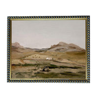 The image is a painting of a rural landscape with mountains in the background and a small village or farm in the foreground.