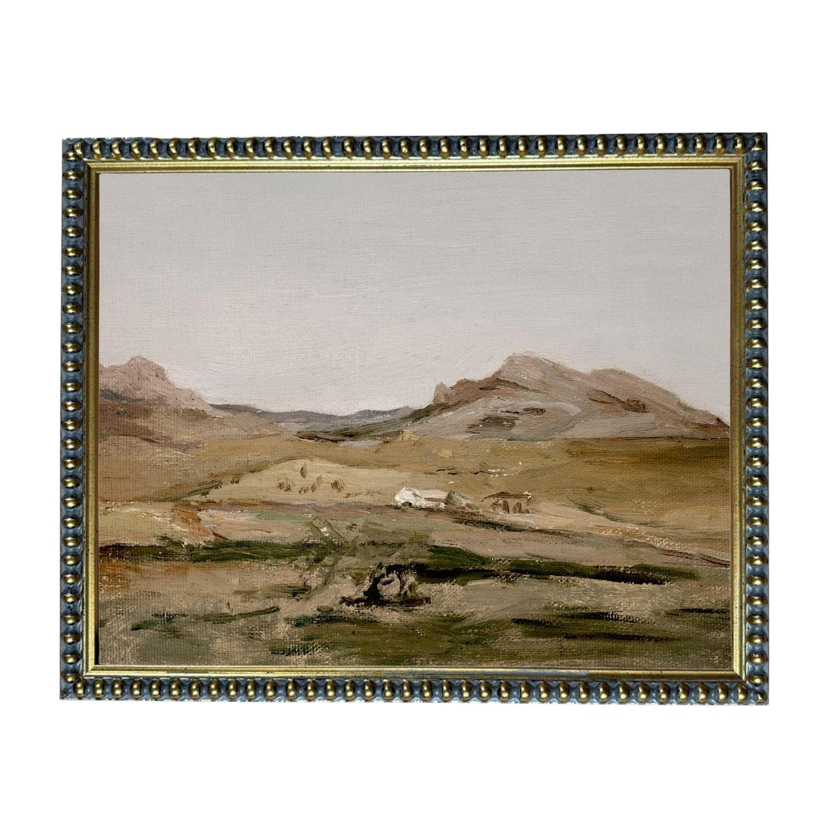 The image is a painting of a rural landscape with mountains in the background and a small village or farm in the foreground.
