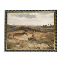 The image is a painting of a rural landscape with rolling hills, fields, and trees under a cloudy sky.