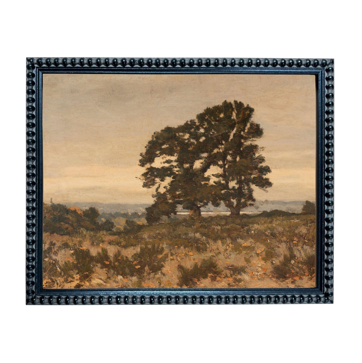The image is a framed painting depicting a serene landscape with a large tree in the foreground and a field of grass in the background.