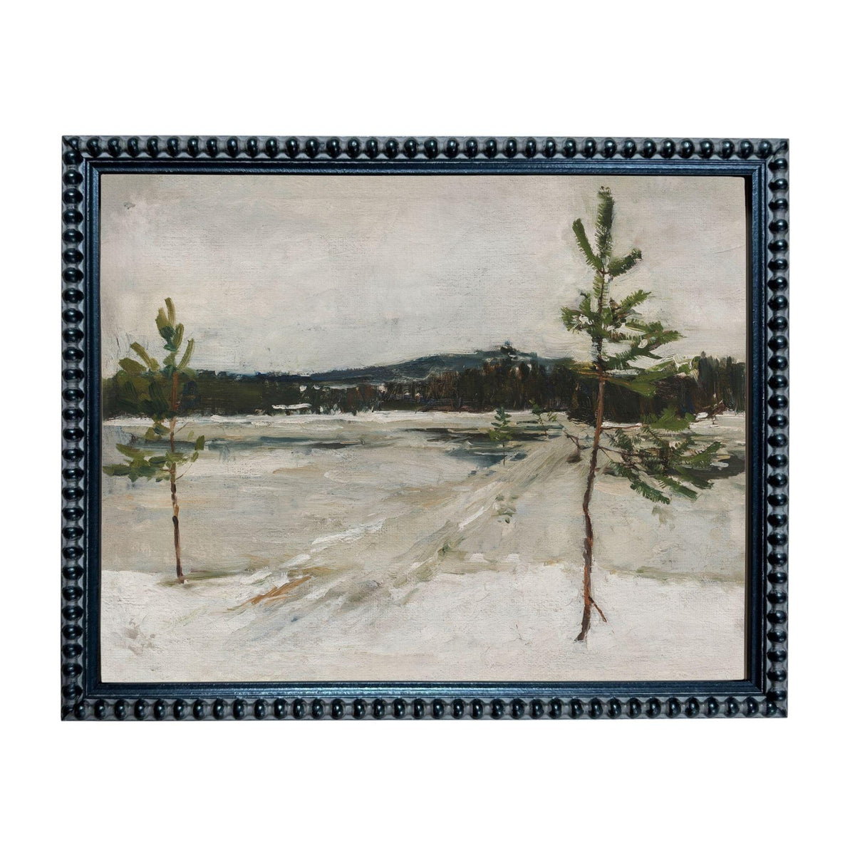 The image is a painting depicting a snowy landscape with two trees in the foreground.