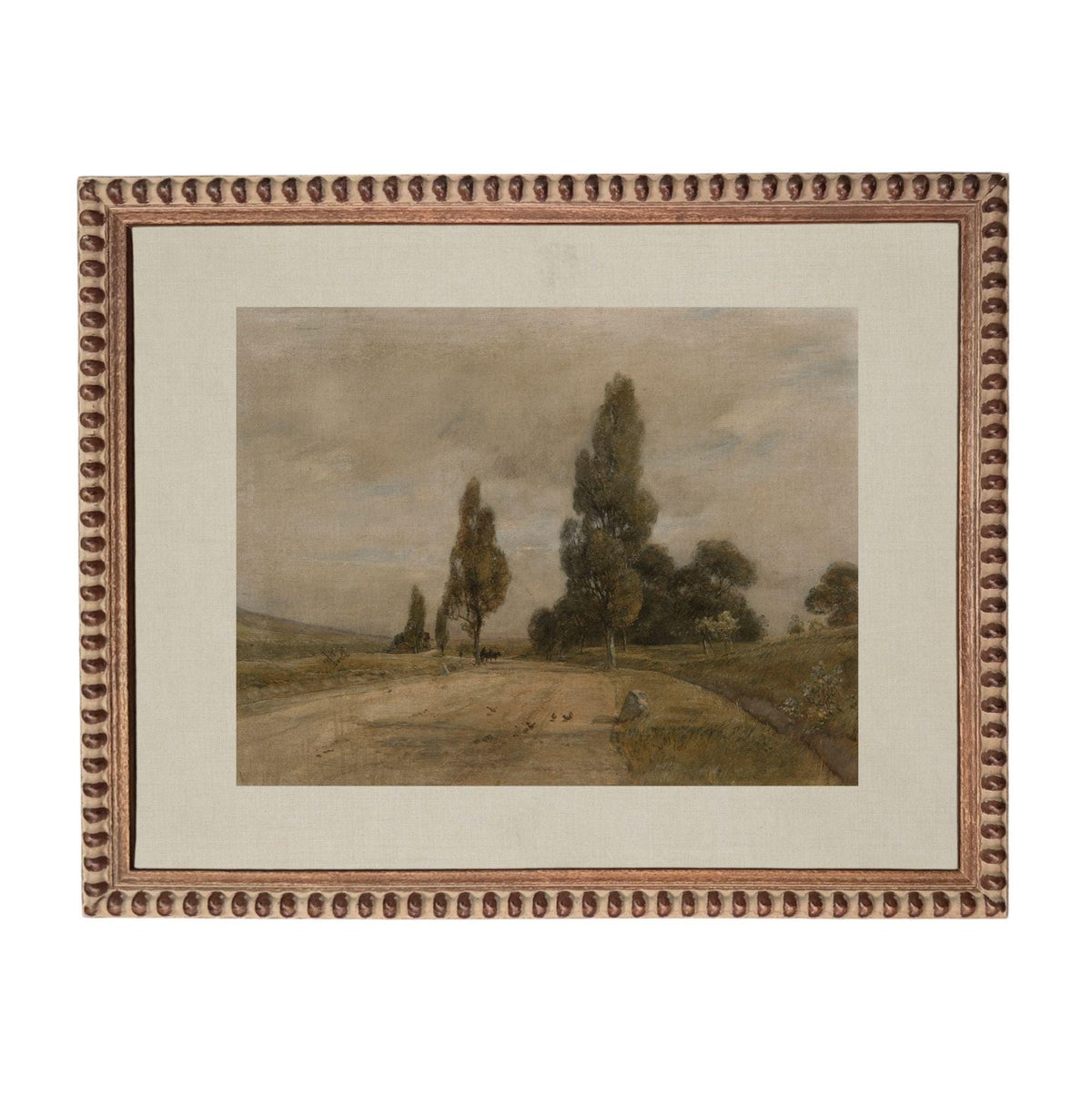 The image is a framed painting depicting a rural landscape with a dirt road, trees, and a cloudy sky.