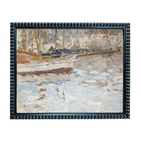 The image is an oil painting depicting a boat on the water, with a coastal scene in the background.
