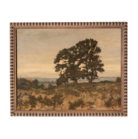 The image is a painting of a large tree in a field, with a cloudy sky in the background.