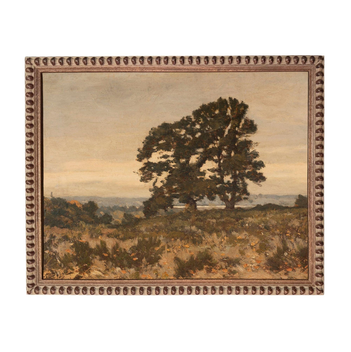 The image is a painting of a large tree in a field, with a cloudy sky in the background.