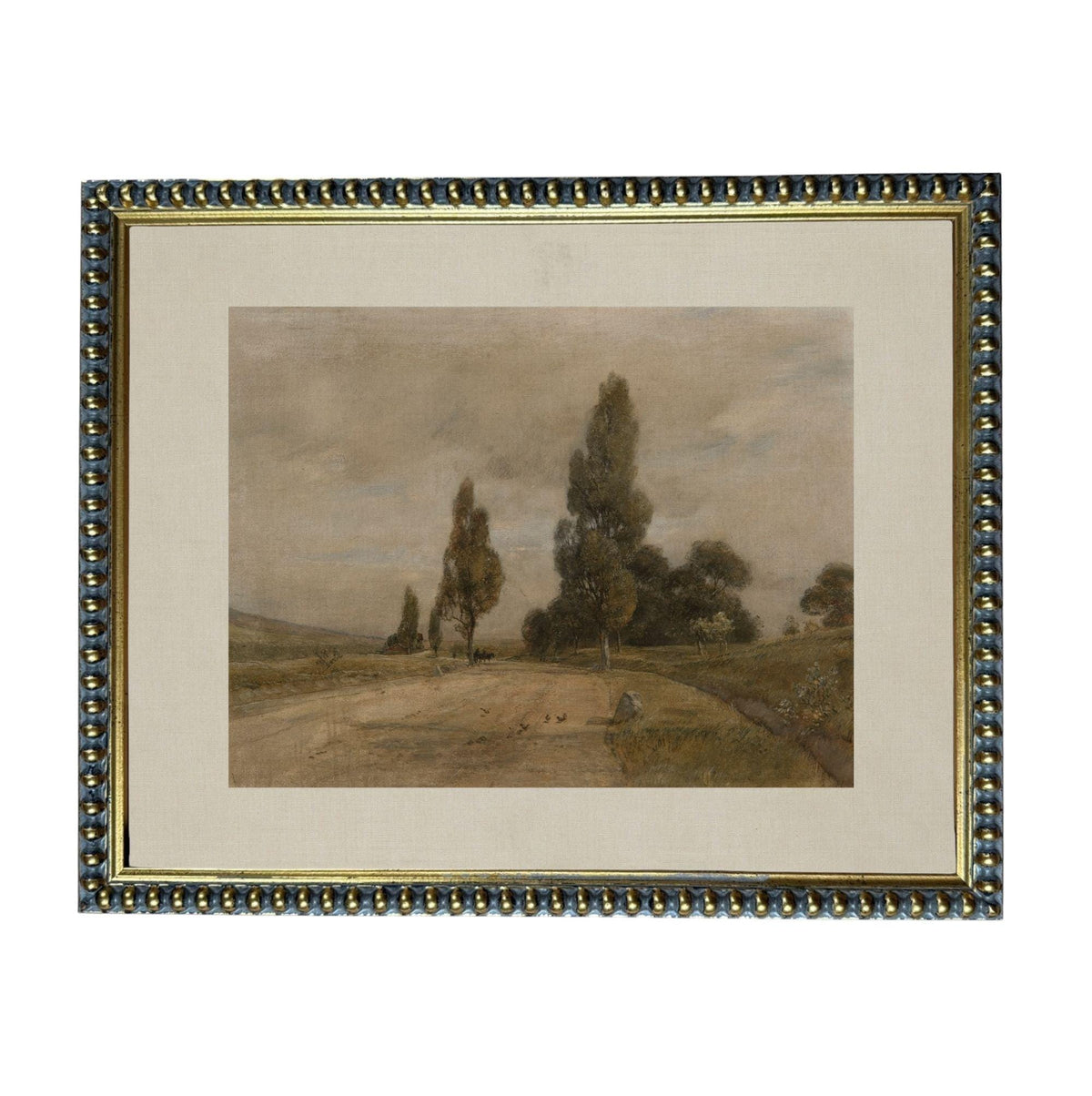 The image is a framed painting depicting a rural landscape with trees, a dirt road, and a cloudy sky.