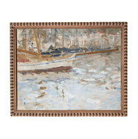 The image is an oil painting depicting a serene harbor scene with boats and buildings in the background.
